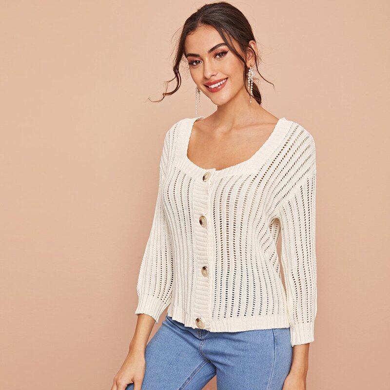 

Drop Shoulder Buttoned Placket Eyelet Cardigan, White