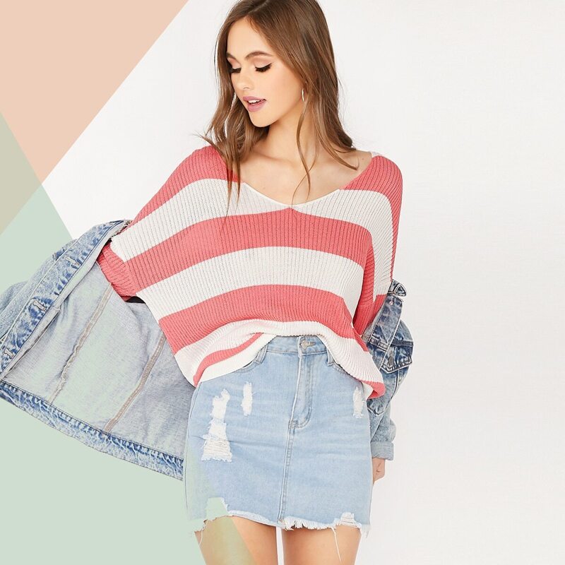 

V-neck Drop Shoulder Striped Pullover, Pink