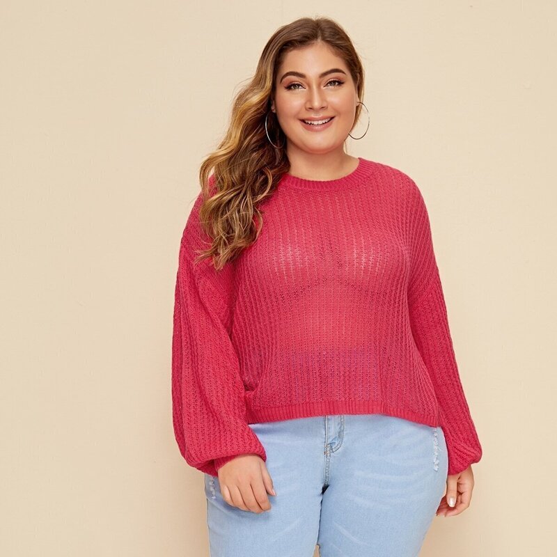 

Plus Drop Shoulder Lantern Sleeve Sweater, Pink bright