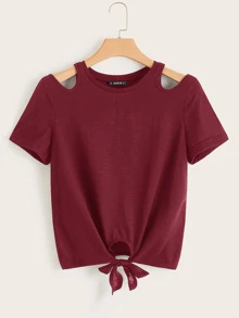 SHEIN Clasi Áo thun Cắt ra màu trơn Burgundy Casual - Màu Đỏ Sâu - Xem 1