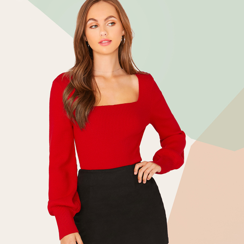 

Square Neck Lantern Sleeve Rib-knit Sweater, Red bright