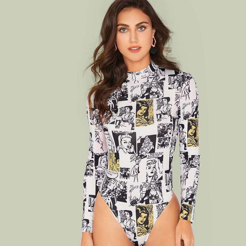 

Figure Print Mock-neck Skinny Bodysuit, Black and white