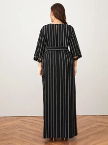 SHEIN Plus Size Tassel Trim Striped Belted Dress - Black - View 2