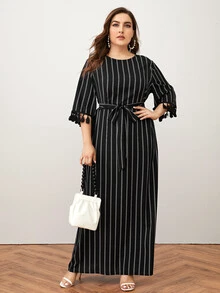 SHEIN Plus Size Tassel Trim Striped Belted Dress - Black - View 3