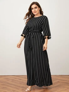 SHEIN Plus Size Tassel Trim Striped Belted Dress - Black - View 4