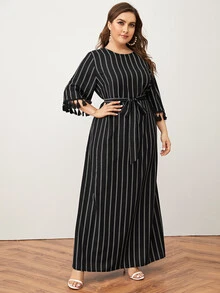 SHEIN Plus Size Tassel Trim Striped Belted Dress - Black - View 5