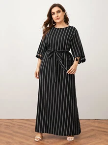SHEIN Plus Size Tassel Trim Striped Belted Dress - Black - View 1