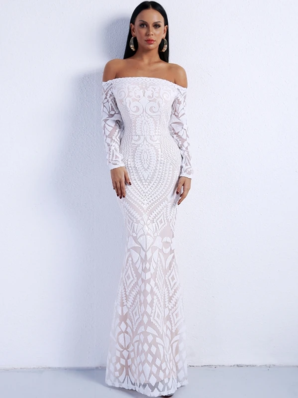 off shoulder sequin maxi dress