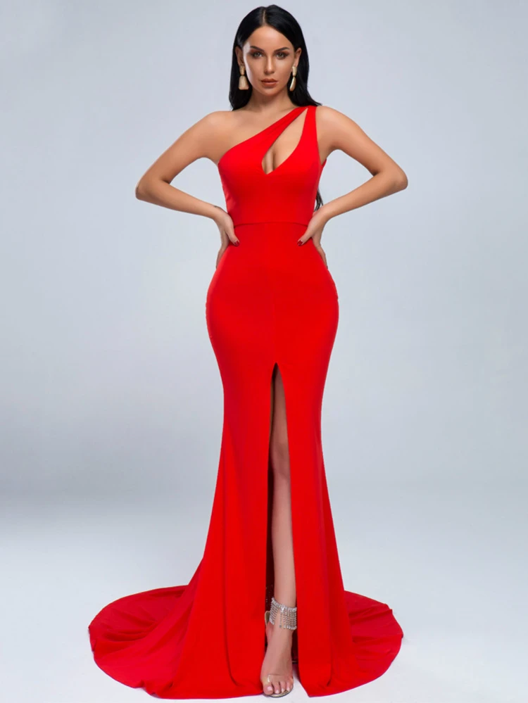 red floor length dress