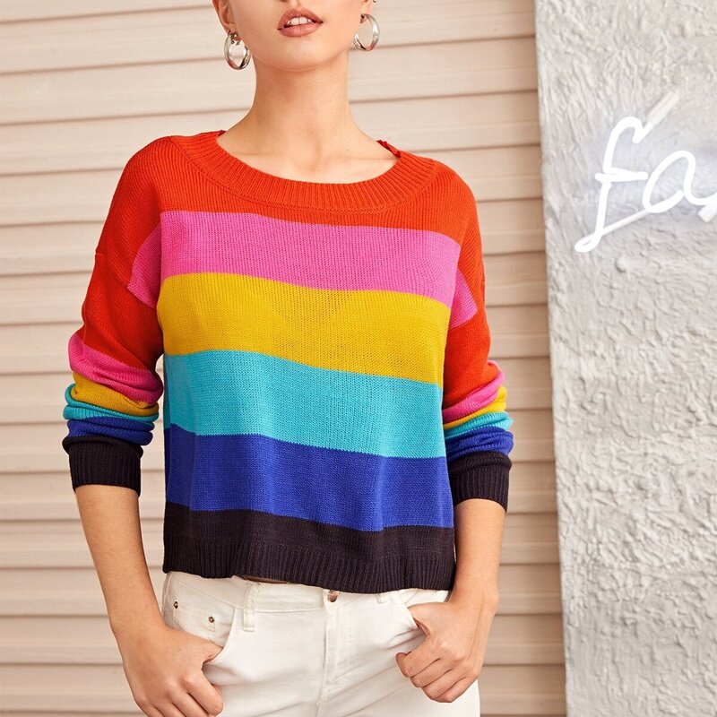 

Drop Shoulder Rainbow Stripe Jumper, Multicolor