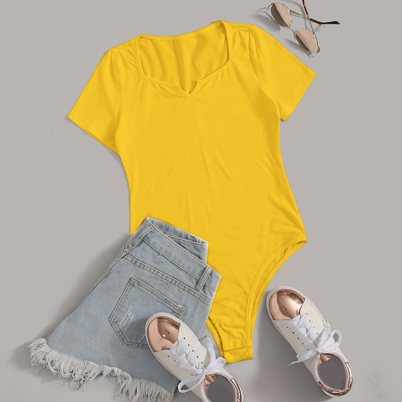 

V-cut Neck Solid Bodysuit, Yellow