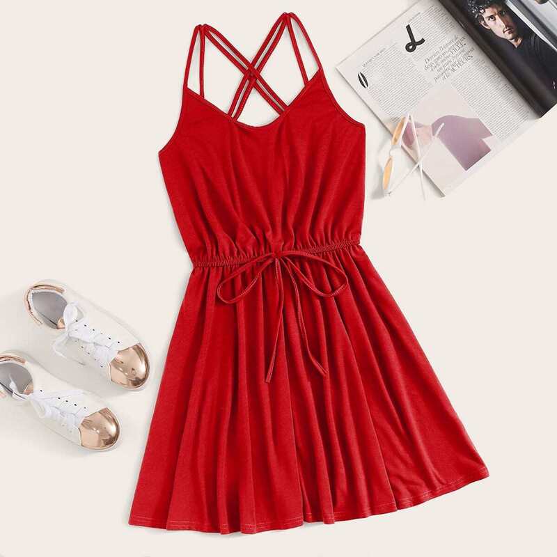 

Tie Front Criss Cross Back Cami Dress, Red