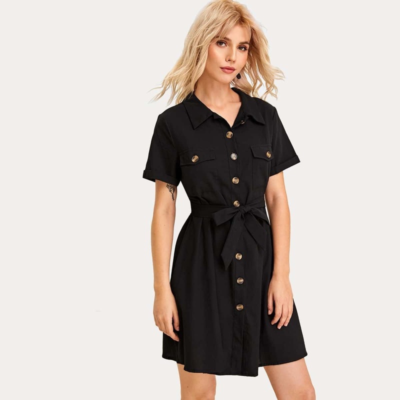 

Button Front Self Tie Cargo Dress, Black