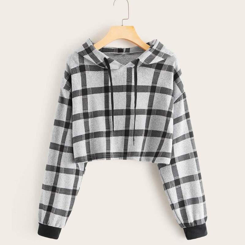 

Plaid Print Drawstring Crop Hoodie, Grey