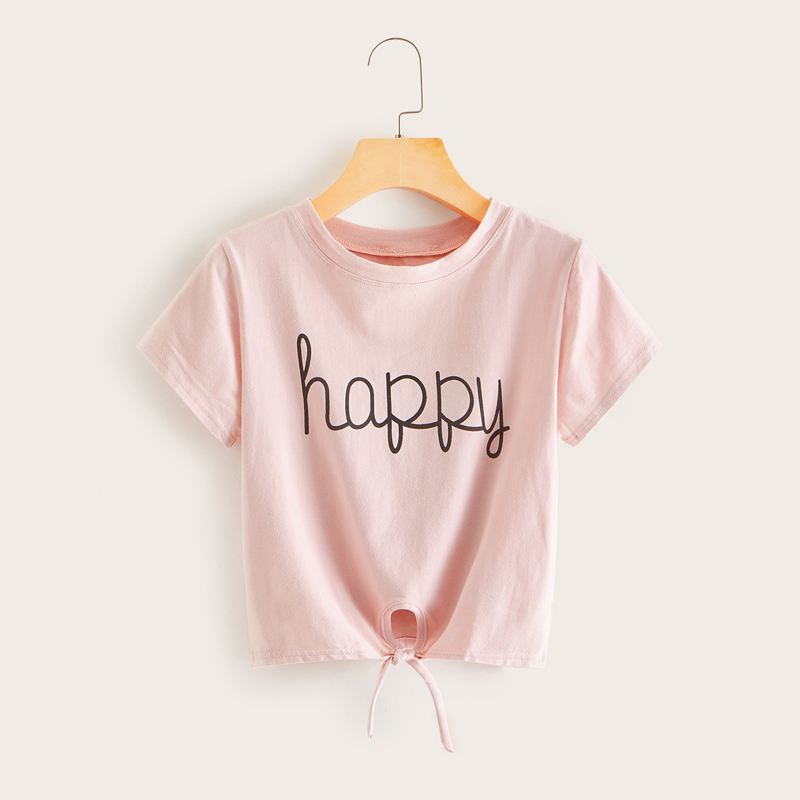 

Letter Print Tie Front Tee, Pink