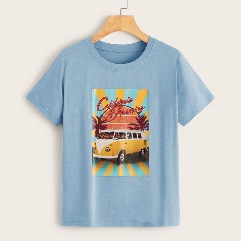 

Tropical & Letter Print Tee, Blue