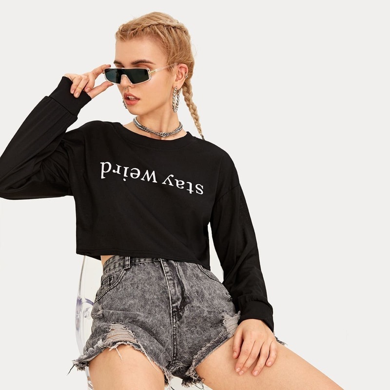 

Letter Print Long Sleeve Crop Tee, Black