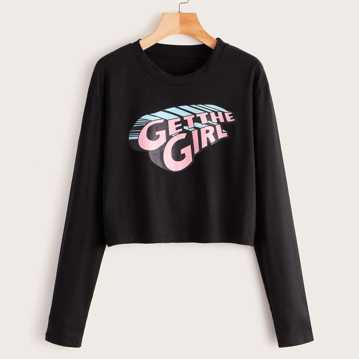 

Letter Print Long Sleeve Crop Tee, Black