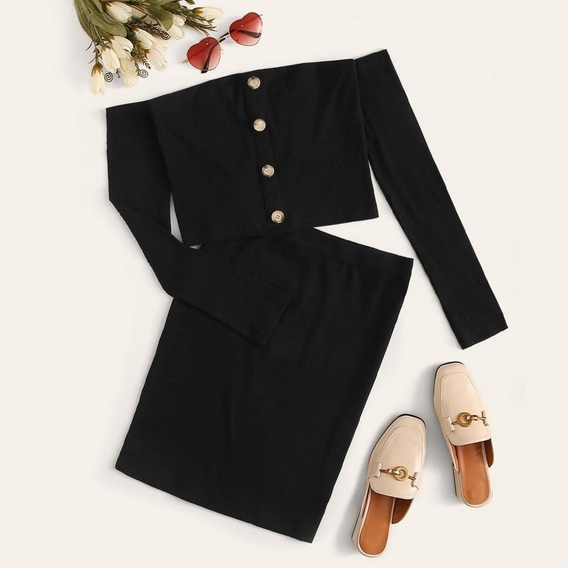 

Off The Shoulder Button Front Rib-Knit Crop Top With Skirt, Black