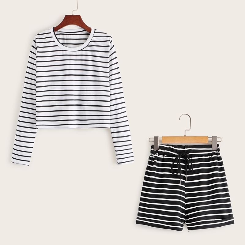 

Striped Print Tee With Drawstring Waist Shorts, Black and white
