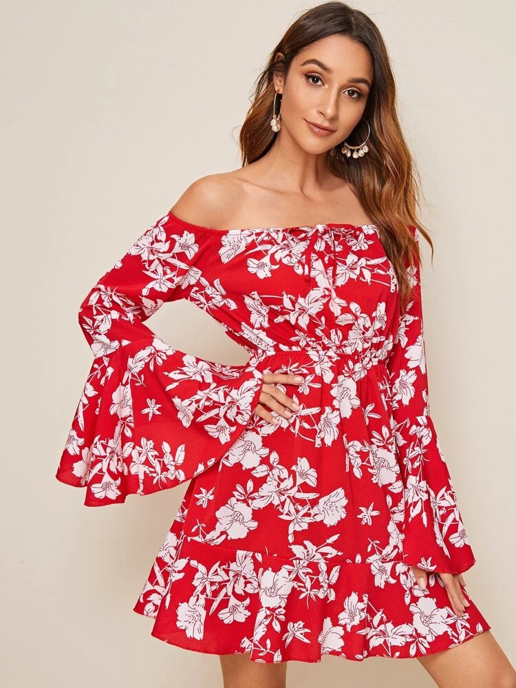 Röd Knut Blommig Boho Klänningar | SHEIN SE Blommig klänning med bardot krage | SHEIN SE