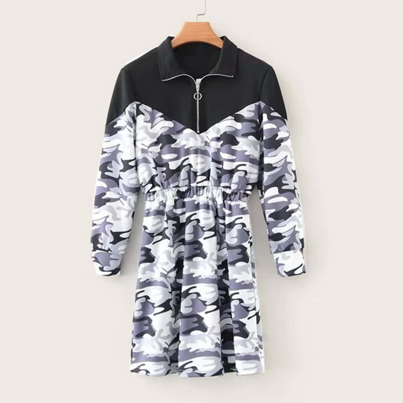 

Half Zip Contrast Camo Print Sweat Dress, Multicolor