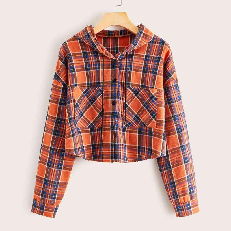 

Dual Pocket Drawstring Plaid Hooded Jacket, Multicolor