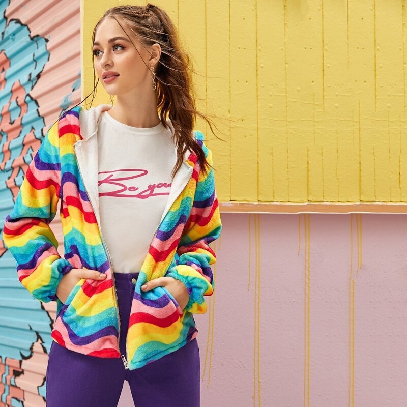 

Rainbow Stripe Hooded Teddy Jacket, Multicolor