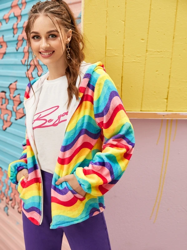 Rainbow Stripe Hooded Teddy Jacket For Sale Australia New