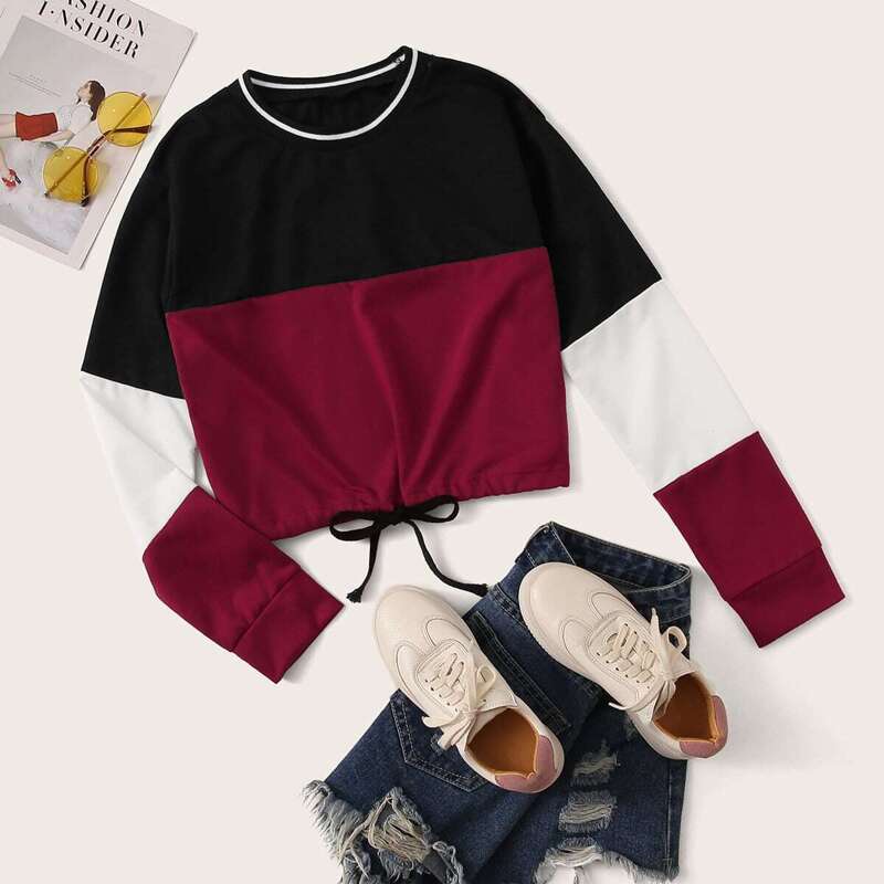 

Drawstring Hem Cut And Sew Crop Sweatshirt, Multicolor