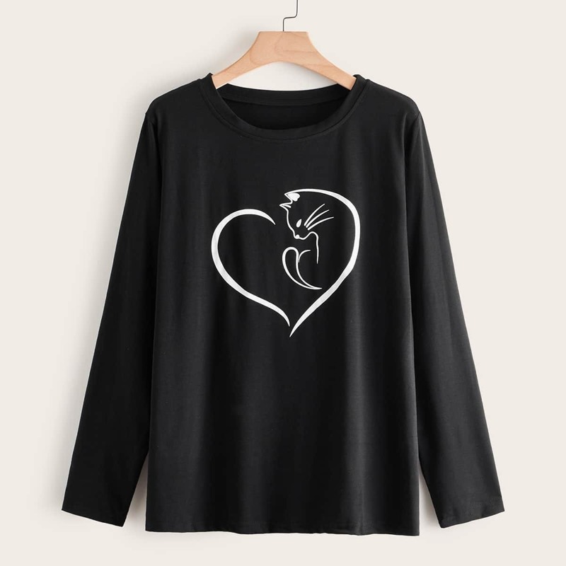 

Plus Cat Print Long Sleeve Tee, Black