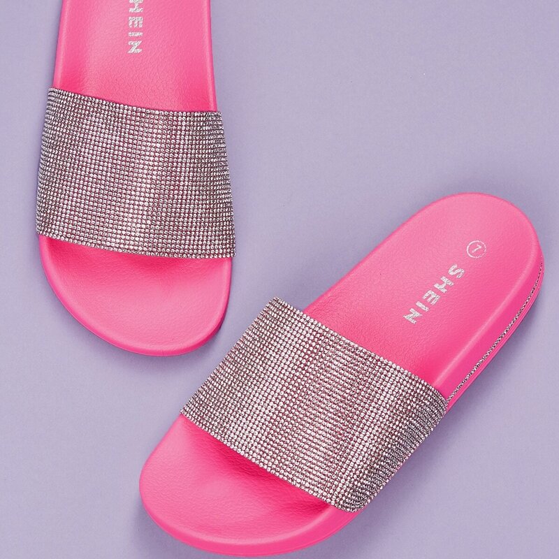 

Diamante Crystal Band Footbed Sole Slide Sandals, Hot pink
