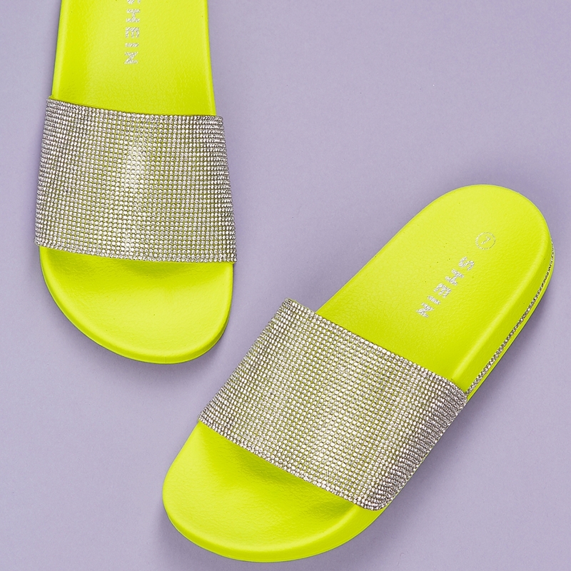 

Rhinestone Crystal Wide Band Foam Sole Slides, Yellow neon