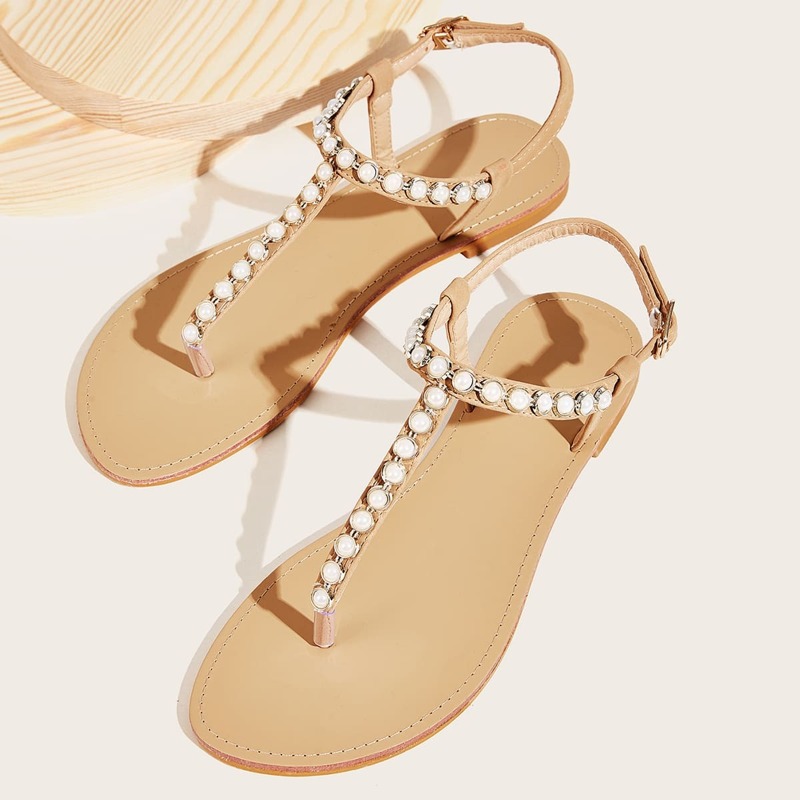 

Faux Pearl Decor Toe Post Sandals, Khaki