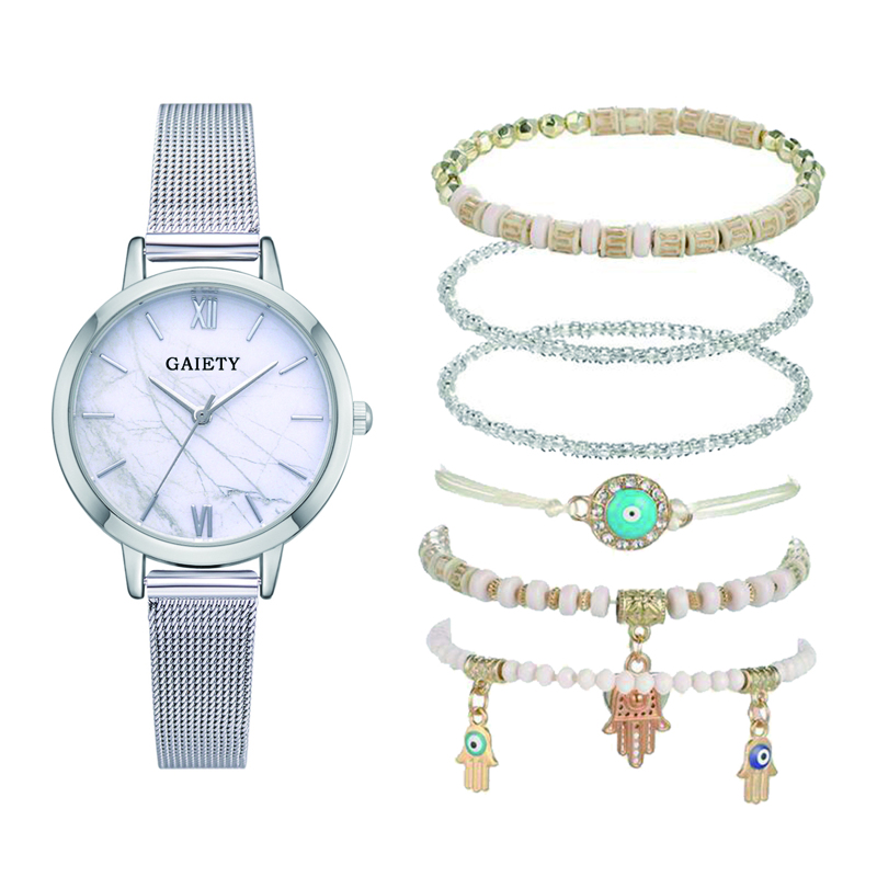 

Alloy Mesh Strap Round Dial Watch & 6pcs Bracelet