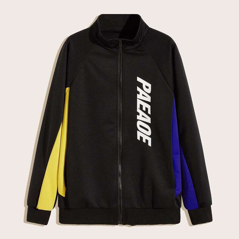 

Guys Cut And Sew Letter Print Zip Up Jacket, Black