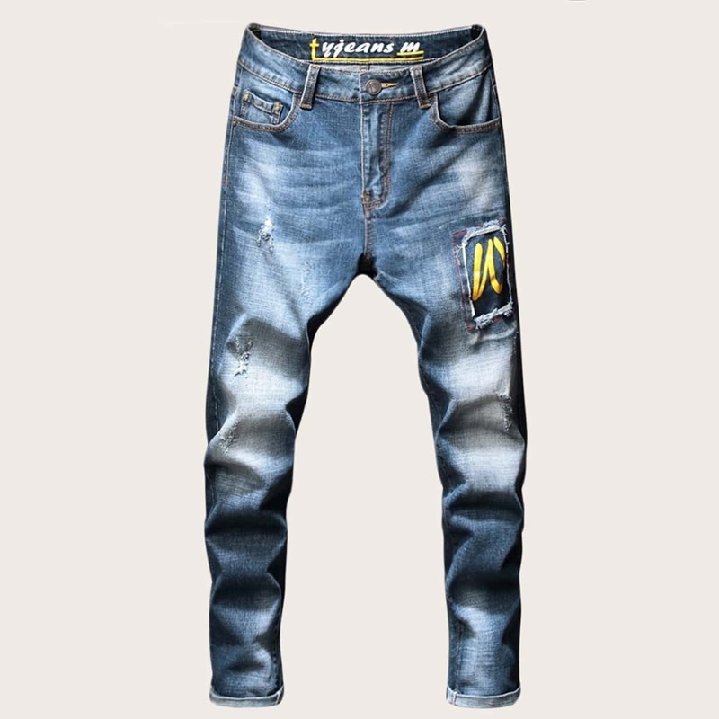 

Guys Letter Print Ripped Washing Jeans, Blue