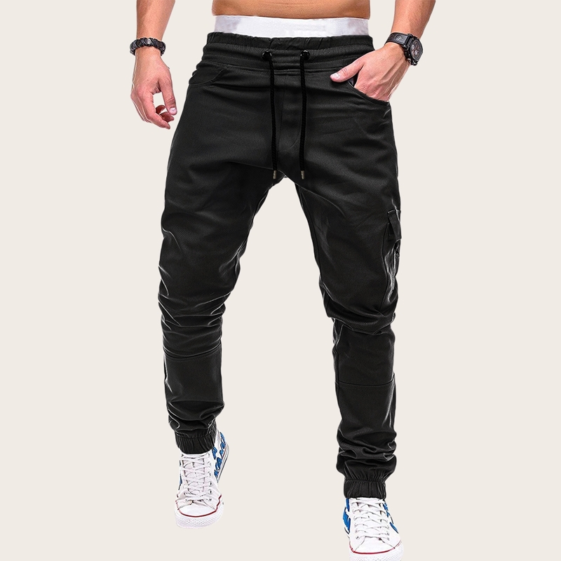 

Guys Drawstring Waist Zip Detail Flap Pocket Pants, Black