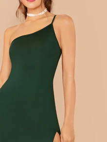 SHEIN BAE One Shoulder Split Thigh Form Fitted Dress - Dark Green - View 4