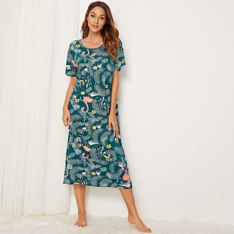 

Flamingo & Tropical Print Night Dress, Green