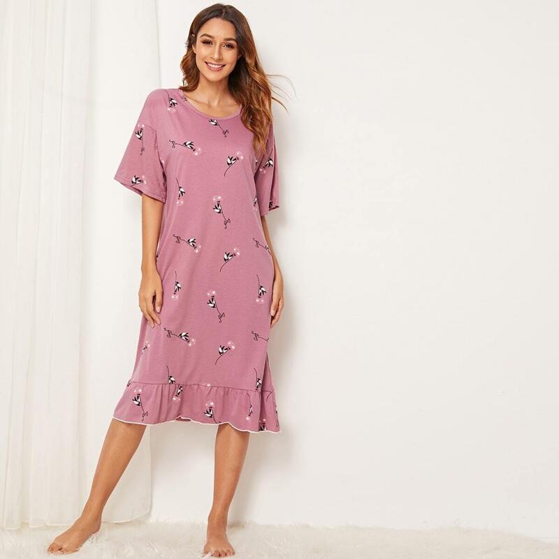 

Floral Print Ruffle Hem Night Dress, Pink