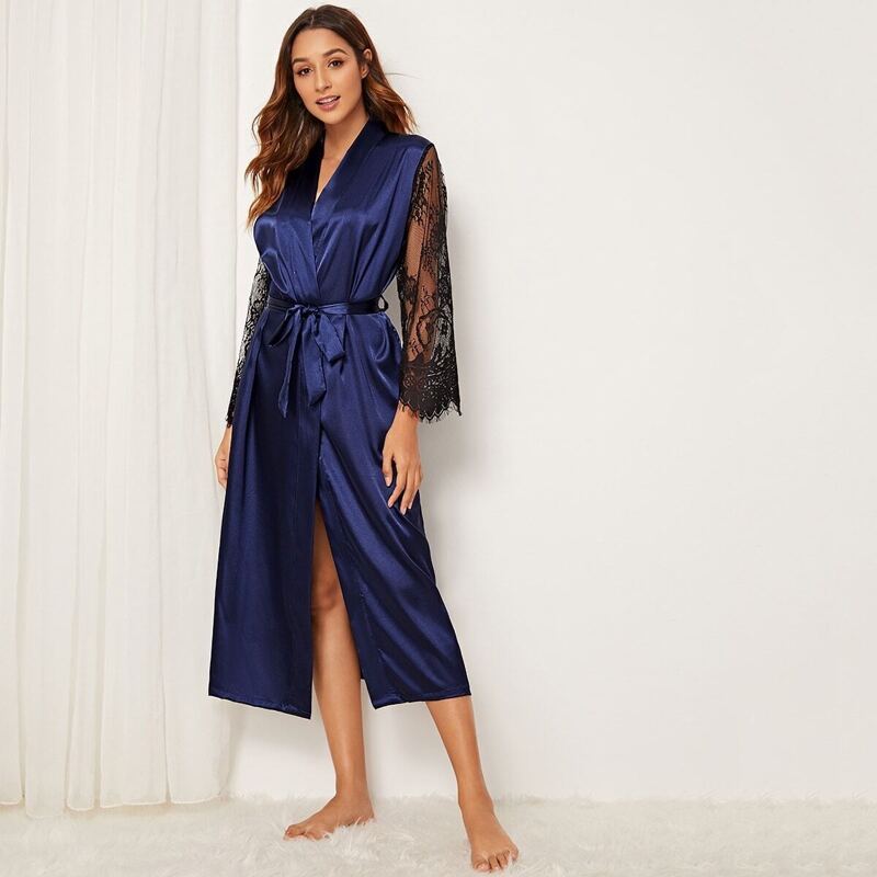 

Floral Lace Satin Belted Robe, Navy