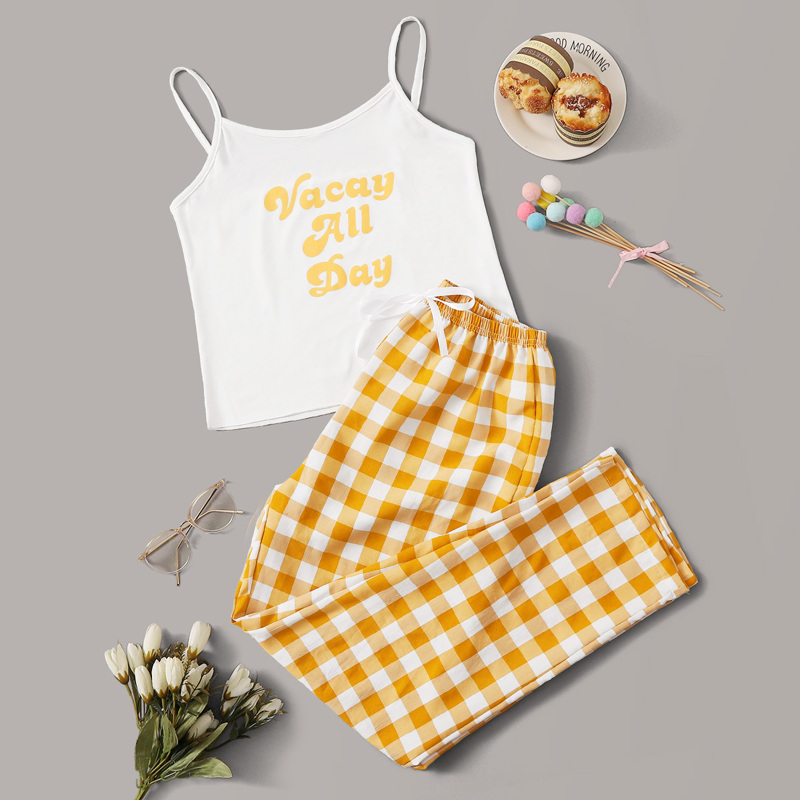 

Letter Print Cami & Plaid Pants PJ Set, Multicolor
