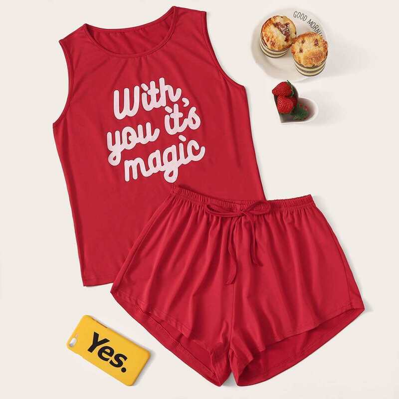 

Slogan Graphic Pajama Set, Red