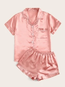 Conjunto de pijama de satén unido en contraste