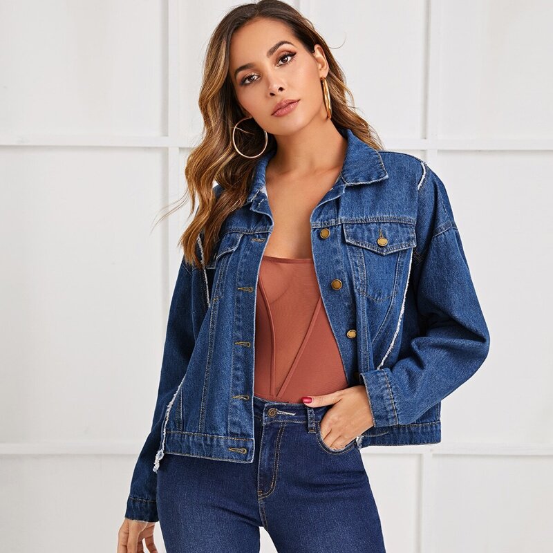 

Raw Hem Button Front Denim Jacket, Blue