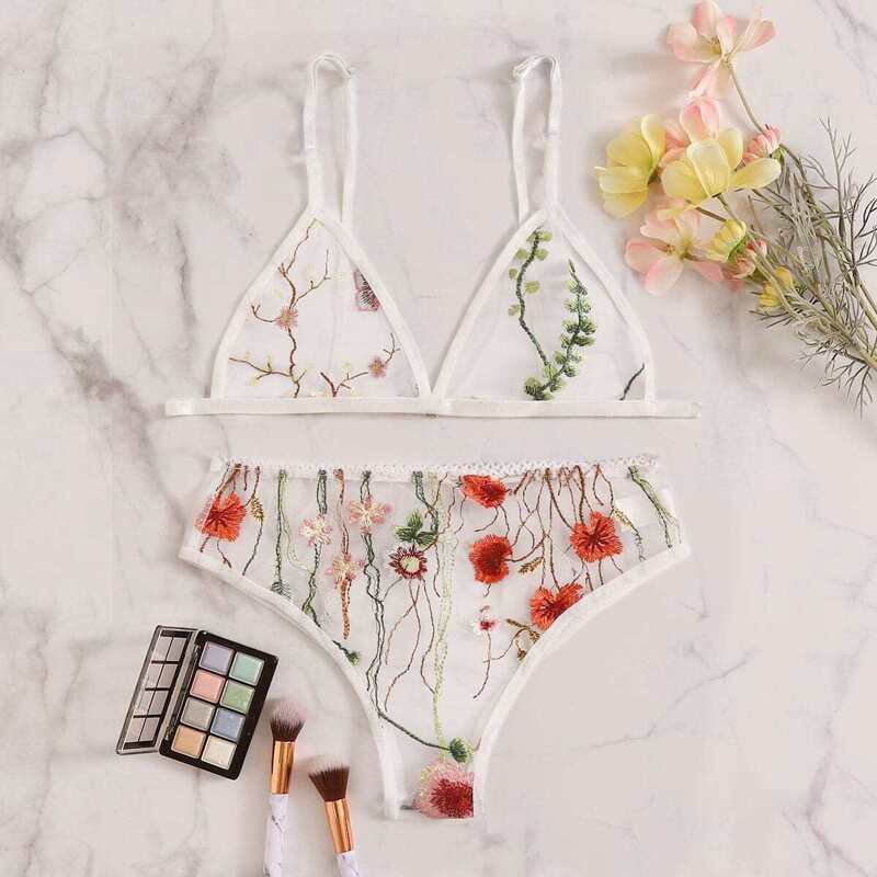 

Floral Embroidered Sheer Lingerie Set, White