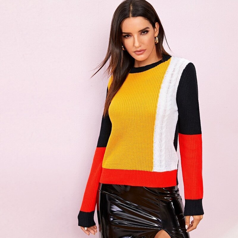 

Colorblock Cable Knit Sweater, Multicolor bright