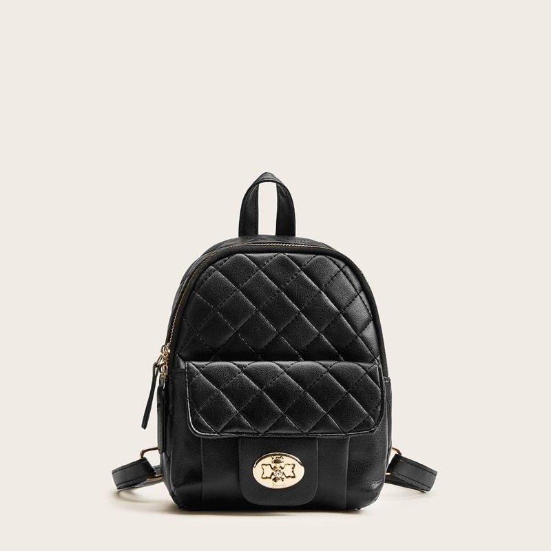 

Metal Lock Quilted Backpack, Black