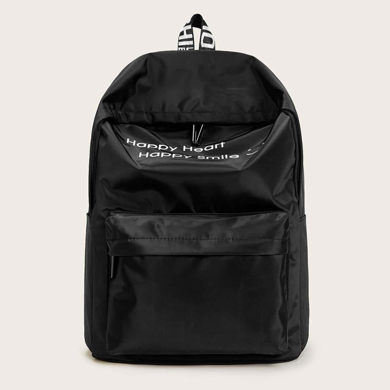 

Slogan Print Pocket Front Backpack, Black